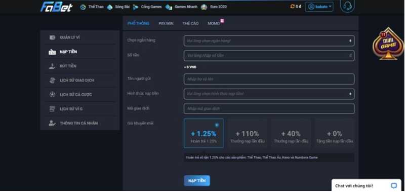 Thủ tục nạp tiền đơn giản tại Fabet