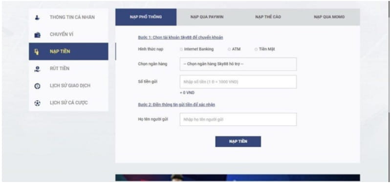 Hướng dẫn nạp tiền và rút tiền tại Sky88 